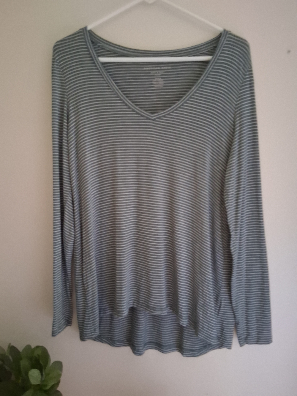 American Eagle Outfitters Soft  Striped V-Neck Long Sleeve Tee - Sage and White